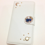 ビジューパール月と土星の手帳型iPhone6 スマホケース 星 雪
