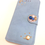 パステルブルースエードの手帳型iPhone7スマホケース  ビジュー  パール 星 雪
