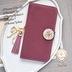 【iPhone・Xperia z5・GALAXY s7・s7edge】イニシャルリボンパールビジュー♡ワインレッド手帳型
