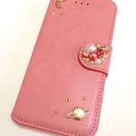 パステルピンクスエードの手帳型iPhone6スマホケース  ビジュー  パール 星 雪