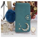 【iPhone・GALAXY・Xperia】お月様煌めくmoonゴールドスター☆ミンクファー付きグリーン調手帳型ケース