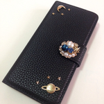 ビジューパール月と土星の黒手帳型iPhone6 スマホケース 星 雪