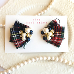チェック柄裂布リボンピアス(ネイビー)♡送料込み