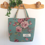 【Ｓ】トートバッグ（アンティーク風薔薇、ターコイズ）