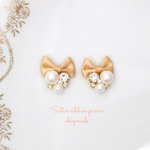 新色ベージュリボン❤︎コットンパール×ビジュー❤︎大人可愛い＊ビジューピアス