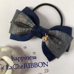 夜空のリボンヘアゴム(3リボン)♡ネイビー×ラメネイビーシルバー♡再販92  簡易ラッピング対応