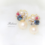 【全6色】～irodori～スワロフスキーとコットンパール　ピアス／イヤリング【夏にもおすすめ♡】