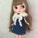 【お試し価格 】ワンピース ふわもこショール付き ドット紺