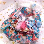 S３２☆　ターコイズブルー晴れ着梅さくら花和柄 兎さんワンピ 