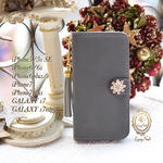 【iPhone・GALAXY・Xperia】雪の結晶ビジュー☆グレースエード手帳型ケース☆タッセルストラップ付き