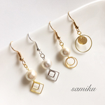 コットンパールとダブルスクエアのピアス