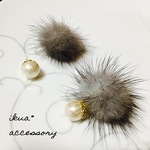 一粒コットンパールのミンクファーピアス（大）