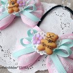 デコリボン　ピンク×黄緑　くまちゃん