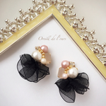 大人可愛い♡ブラックオーガンジーリボンのピアス/イヤリング