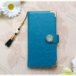 【 XPERIA XZ / XZs 】手帳型ケース　♥きれいめターコイズカラー♥　✿お花ビジュー✿　SO-01J　SO-03J　SOV34　SOV35　★タッセルストラップ付き★