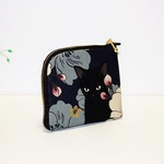 再販 L字ファスナー ミニ財布 　黒猫と牡丹 紺
