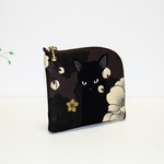 再販 L字ファスナー ミニ財布 　黒猫と牡丹 焦げ茶
