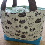 巾着付き　ちょこっとお出かけバック　猫×ブルー