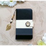 【 iPhone 6 / iPhone 7 】手帳型ケース　モノトーン　✿アンティーク風お花ビジュー✿　レザーケース　あいふぉんケース　iPhoneケース　スマホカバー　★リーフストラップ付き★