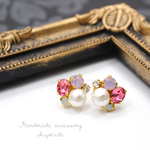  Oval bijou♡PINK♡コットンパールと煌めくビジューピアスorイヤリング