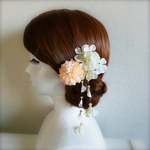 再販⭐︎【和装＊洋装どちらも可】フラワーヘアアクセ 4点セット　揺れる白紫陽花の花びら付き パステルオレンジ色マム