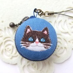 猫/青系11/マカロンコインケース(マカロンポーチ)ストラップ付