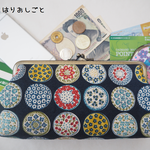 スマホも入るたっぷり収納力！東欧の陶器柄≪ネイビー≫がまぐち長財布