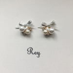 再販×3☆ グレーリボンとパールのイヤリング/ピアス☆