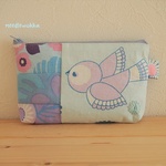 N様専用ヴィンテージ布ファスナーポーチ（patch bird lightblue)