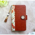【Huawei P9/P9 Lite/P10/P10 Lite/Nova Lite/Honor 8】手帳型スマホケース🌼レトロな花柄とキャラメル色🌼アンティーク北欧お花🌼タッセルストラップ付き