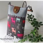 スマホポーチ・USAコットン・グレー地にねこ