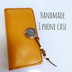 レザークラフト ハンドメイド iPhoneケース 手帳型 キャメル ターコイズ コンチョ レザー