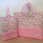 【即納可能♪】花柄✕ふんわりさくら色♡ボーダーリボンレッスンバック・シューズバッグセット【入園・入学】