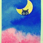 かつきかずお　夜桜と猫