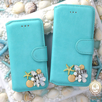 【 iPhone 】ホワイトオパール♡マットシェル&スターフィッシュ☆ティファニーブルー☆スエード調手帳型ケース