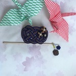 （再販）和風かんざしバレッタ　　　紺と茶の花