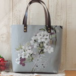 再販☆フランスリネン『Merisie』水色グレー 桜 花柄 L バッグ