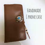 iPhoneケース レザー レザークラフト チョコ ターコイズ 手帳型 コンチョ