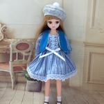 ワンピース&ベスト、ベレー帽セット ブルーストライプ柄  (リカちゃん)