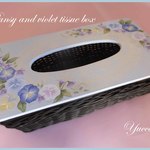 パンジーとすみれの編みかご　ティッシュボックス　トールペイント