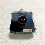 ねこ柄ガマ口財布 / 猫ガマ口ポーチ / ネコ柄コインケース　＊黒ネコ - アッシュブルー＊ C