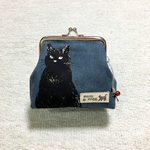 ねこ柄ガマ口財布 / 猫ガマ口ポーチ / ネコ柄コインケース　＊黒ネコ - アッシュブルー＊ D