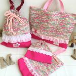 redpink*ふりふり レッスン バック4点セット。リボンちょうちょ×ピンク コップ袋  お着替え袋 女の子 入園・入学