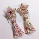 星 ビーズ刺繍×レインボータッセル ピアス