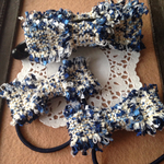 ブルー系 ツイードリボンのバナナクリップとヘアゴムのセット