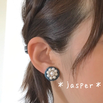 【新色グレープグレイ】＊jasper＊刺繍×ビーズボタンイヤリング《送料無料》