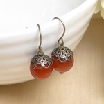 Luna.天然石赤瑪瑙の一粒ピアス☆10mm　レースキャップ