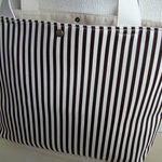 ダブルフェイス深めトート☆チョコ色ストライプ☆帆布＆本革タグ