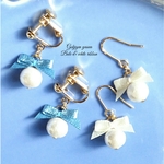 Bule & white ribbonイヤリング&ピアス 🔹コットンパール                            