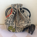 再販☆まん丸ミニ巾着（北欧、草花鳥）生成り